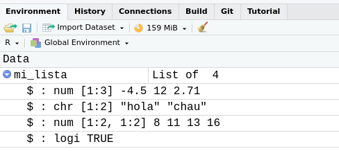 La lista en la pestaña Environment de RStudio