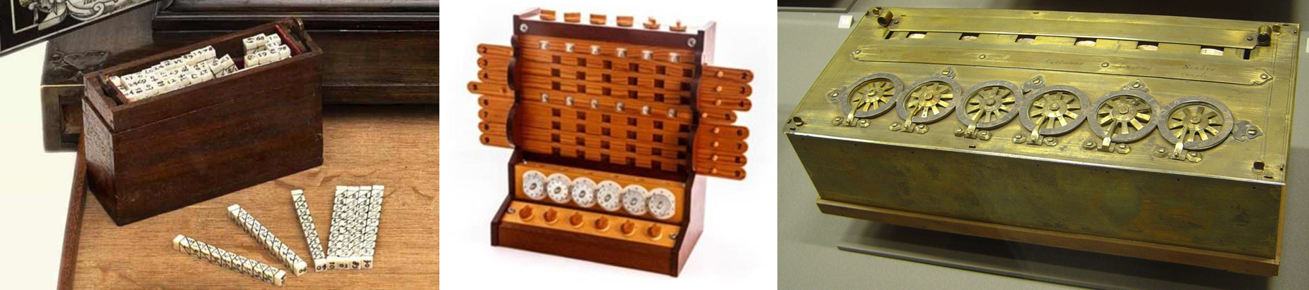 De izquierda a derecha: los huesos de Napier (Museo Arqueológico Nacional de España), el reloj calculador de Schickard (Museo de la Ciencia de la Universidad Pública de Navarra) y una pascalina del año 1952